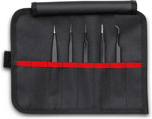 KNIPEX Tools 92 00 01 ESD 5 Pc Stainless Steel Tweezers Set in Tool Roll-ESD, Black