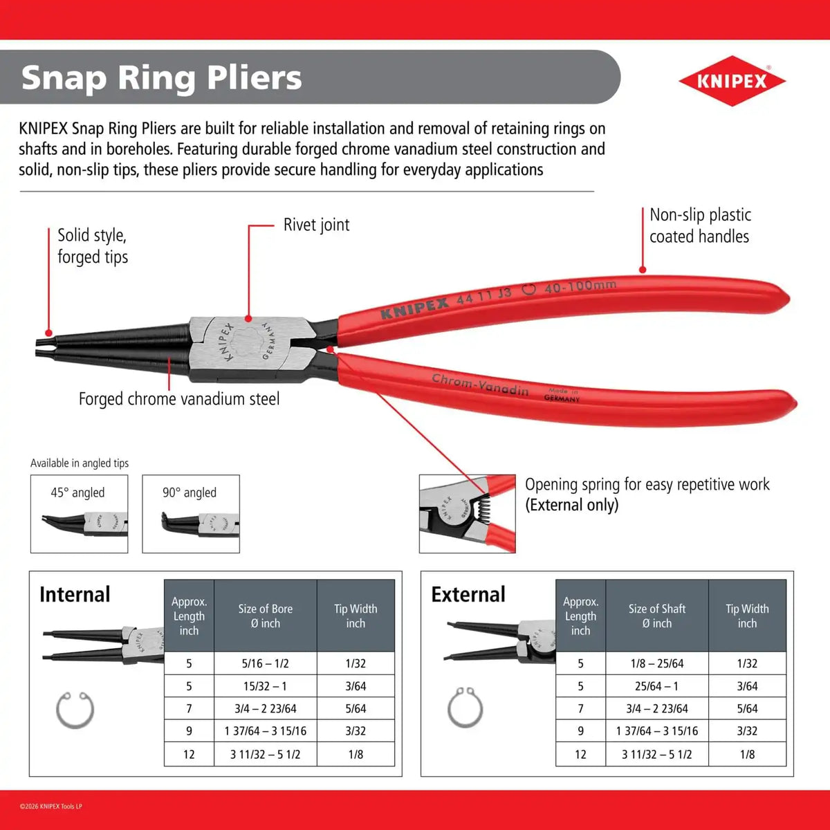 "KNIPEX Tools - Circlip Pliers, Internal, 90 Degree Angled, Forged Tip, 3 11/32""-5 1/2"" Bore Dia. (4421J41)", 12.00